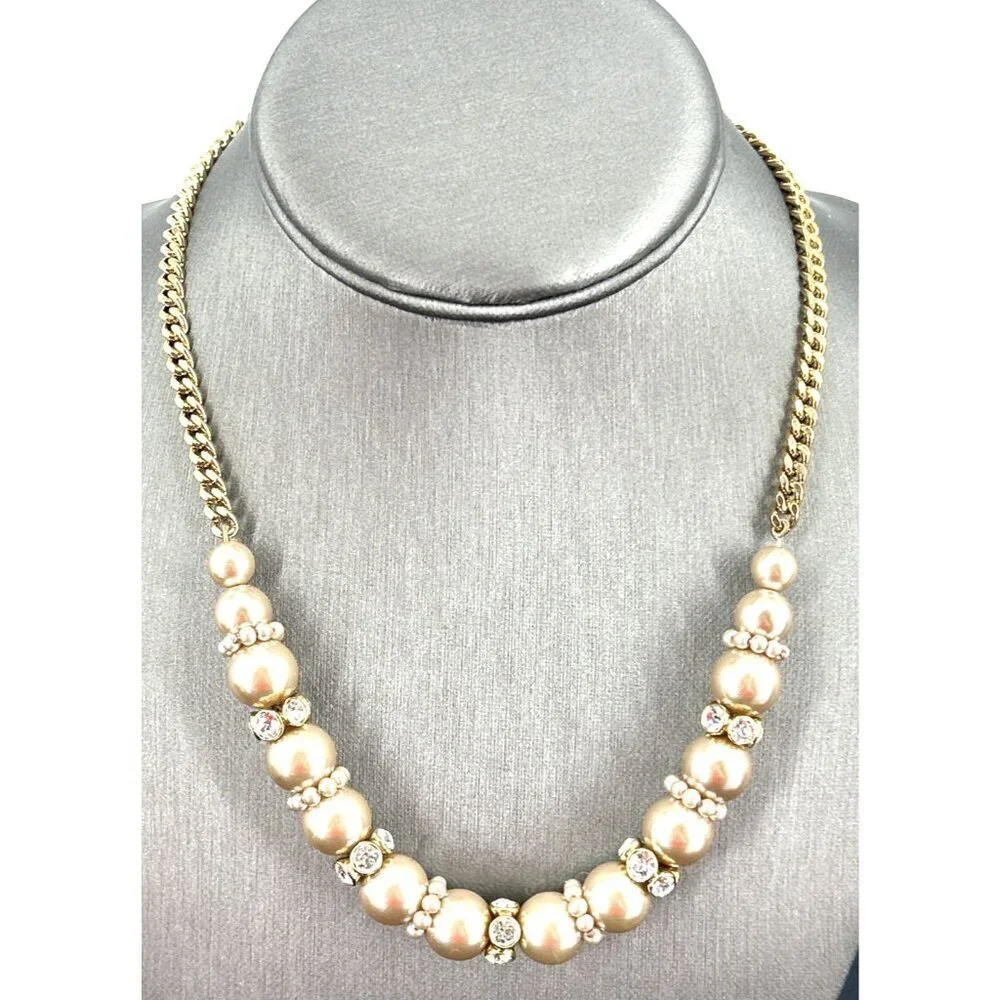 Givenchy Faux Pearl Crystal Rhinestone Necklace Signed 18